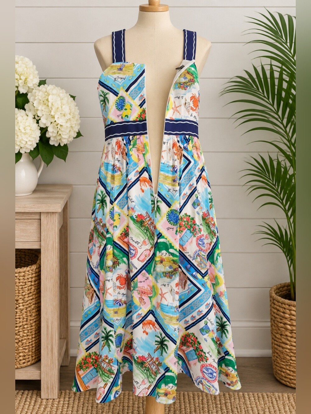 🌴 Talbots Petite 10 Coastal Print Cotton Midi Dress - Picture 3 of 7